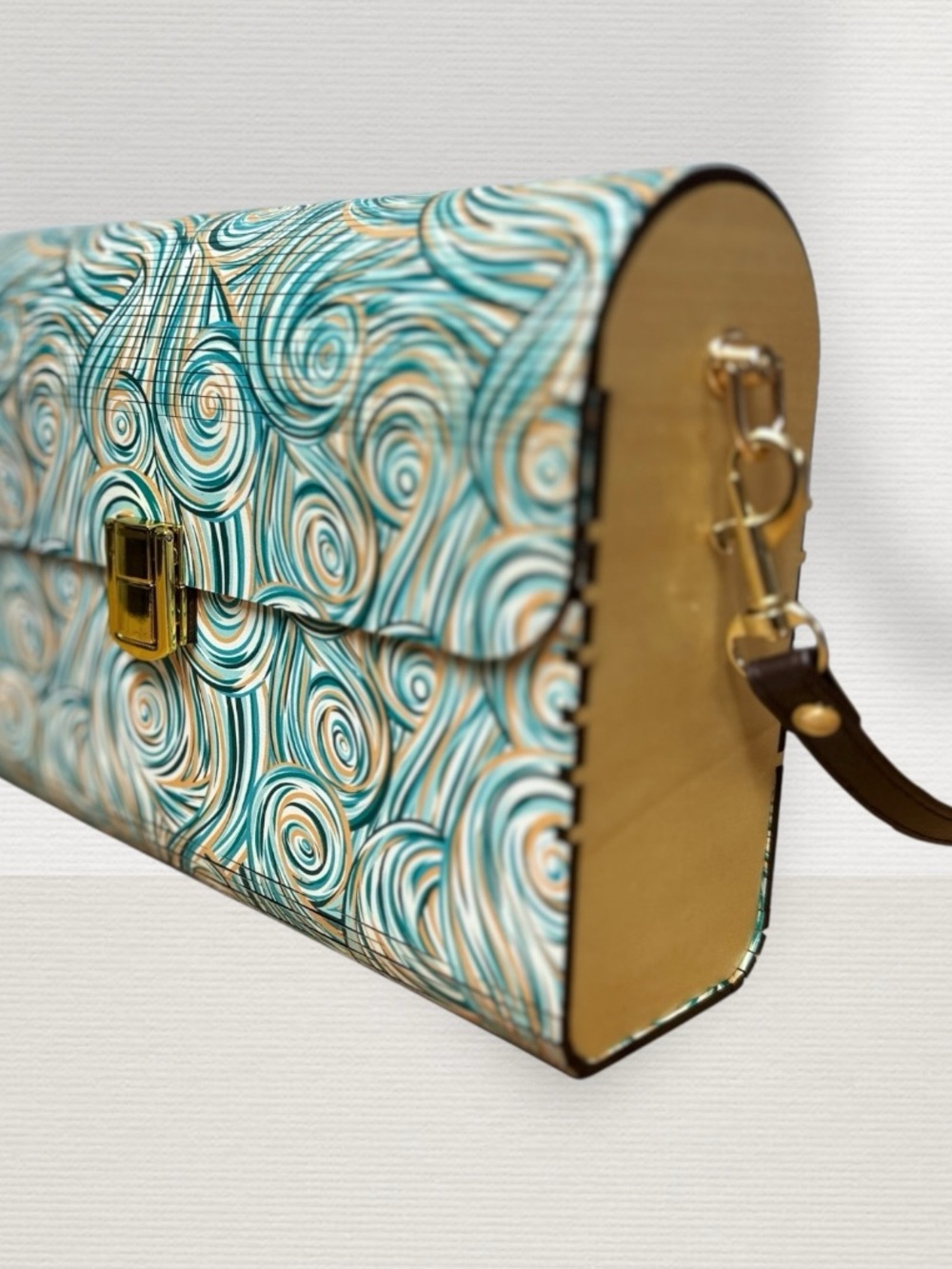 Teal Swirl Pattern Clutch with Gold Accents